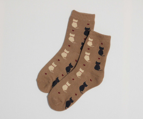 Zimní ponožky s kočičkami - hnědé 1