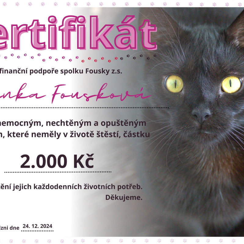 Certifikát o podpoře útulku - 2000 Kč