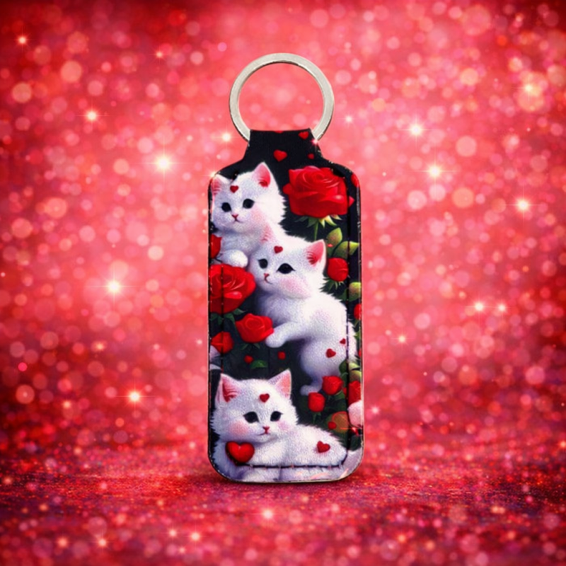 Látková klíčenka - bílá kočka a růže