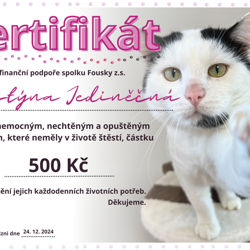 Certifikát o podpoře útulku - 500 Kč