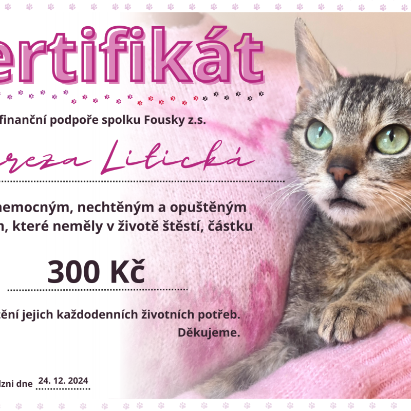 Certifikát o podpoře útulku - 300 Kč