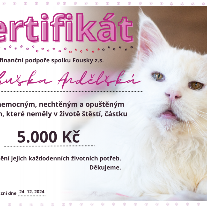 Certifikát o podpoře útulku - 5000 Kč