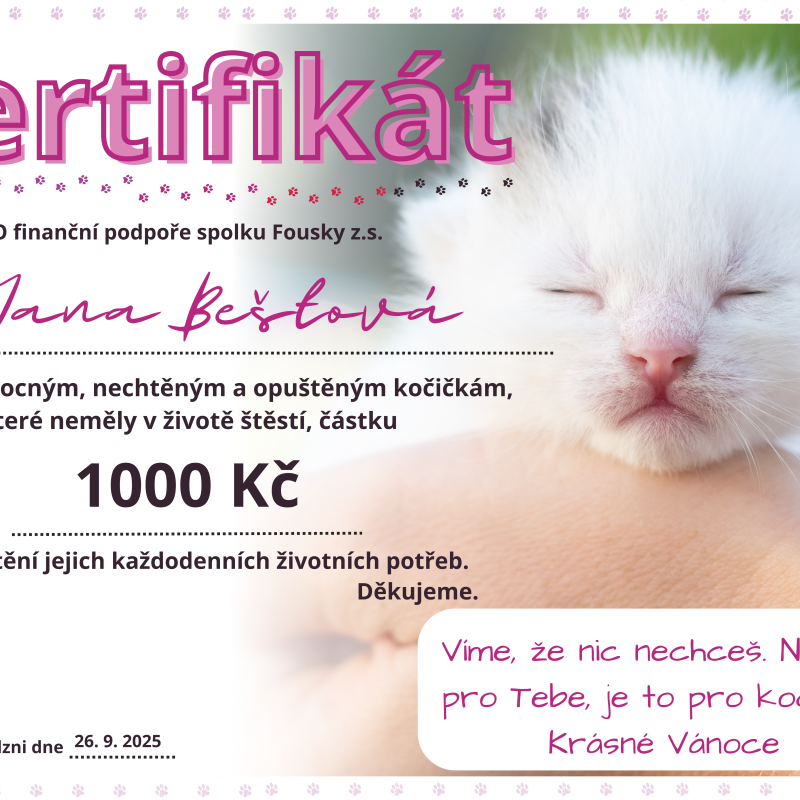 Certifikát o podpoře útulku - 1000 Kč