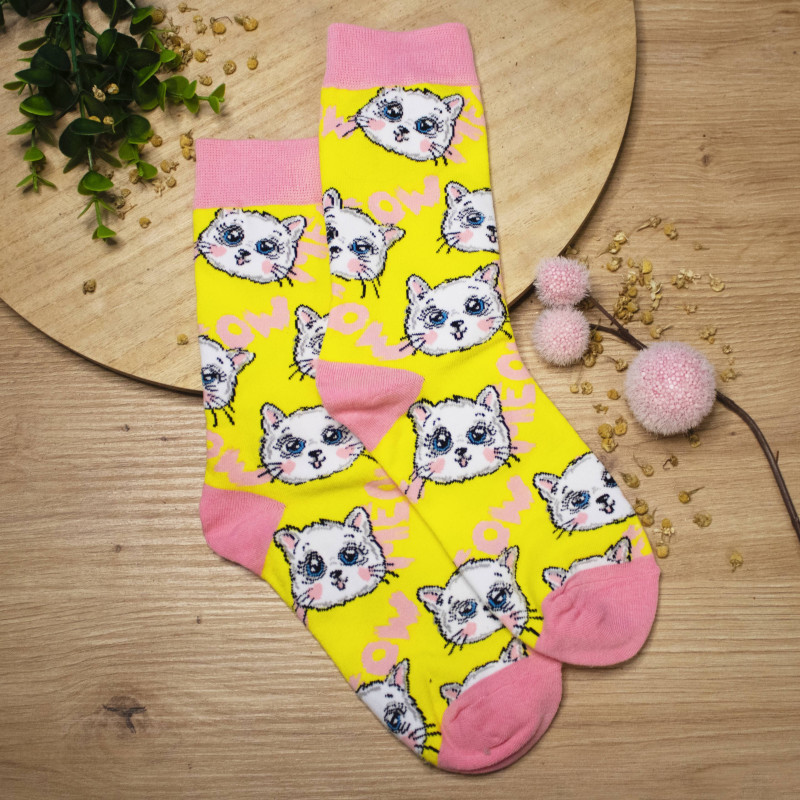 Ponožky s kočičkami  - zářivě žluté