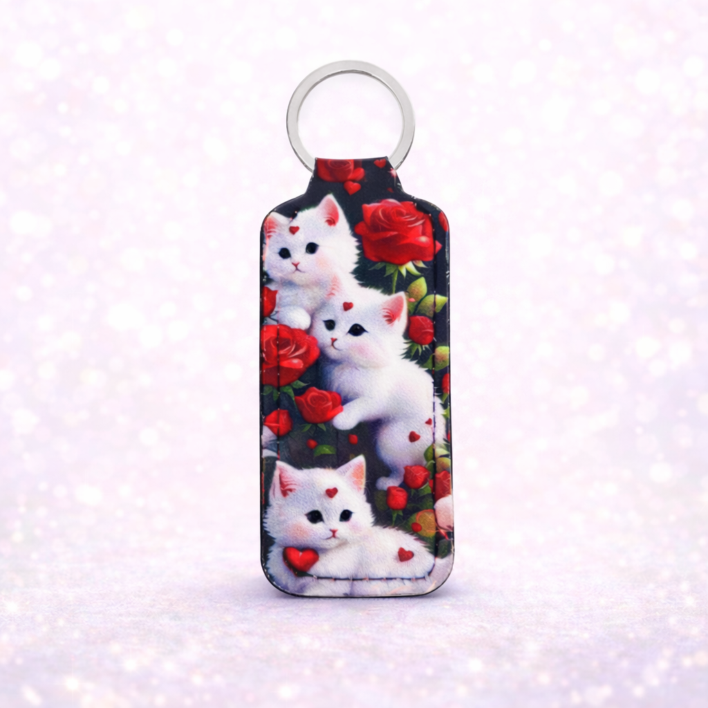 Látková klíčenka - bílá kočka a růže