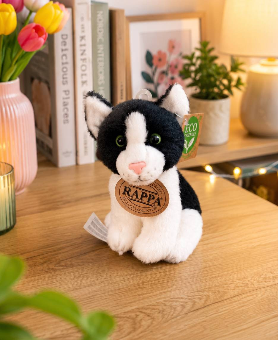 Plyšová kočka 14 cm sedící ECO-FRIENDLY - černobílá