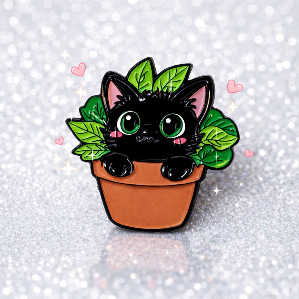 Odznáček - černá kočička v květináči