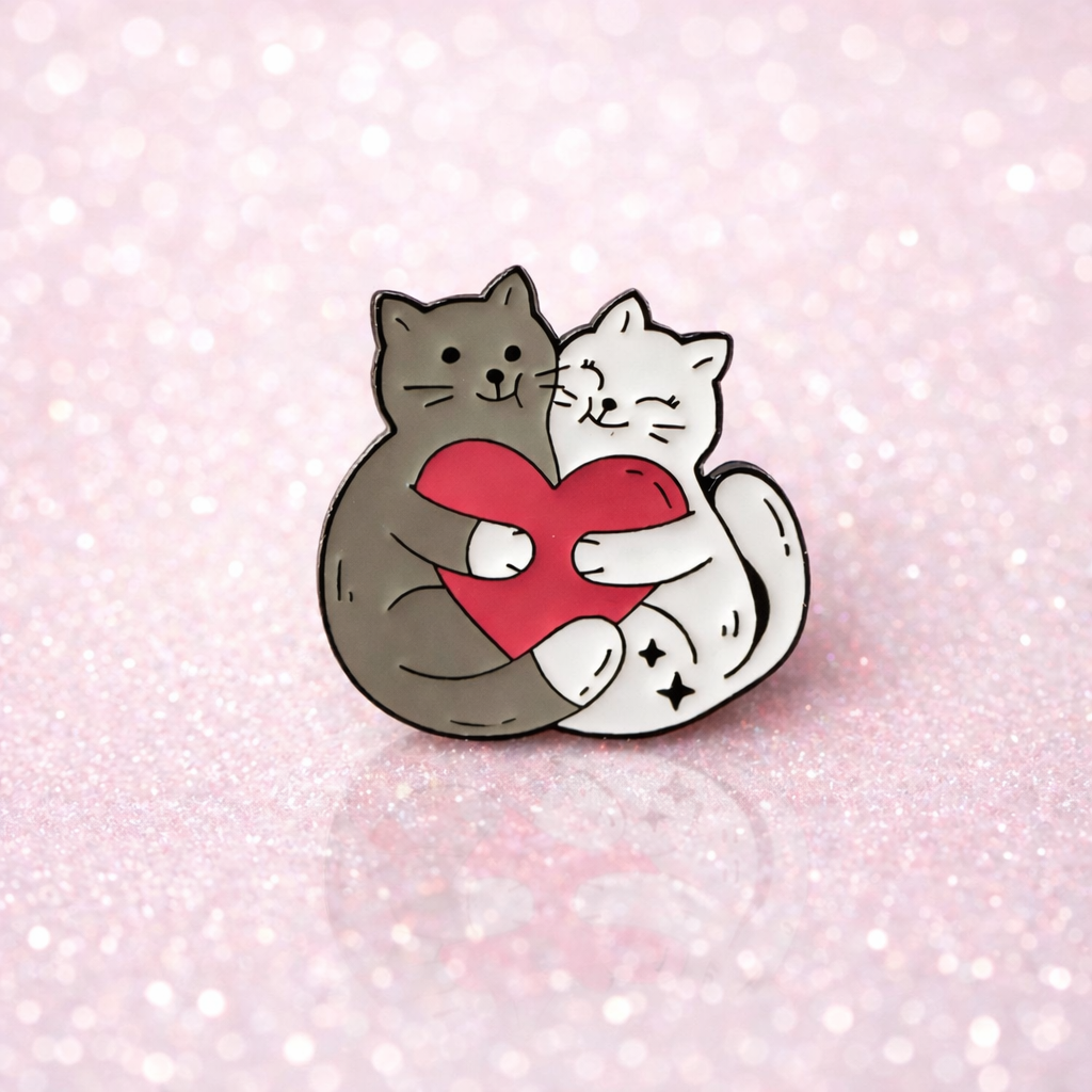 Odznáček - bílá a šedá kočička se srdíčkem